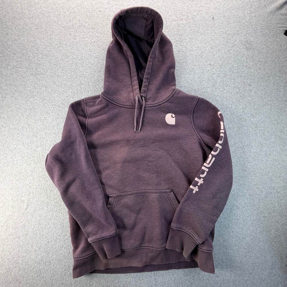Carhartt Women Relaxed Fit Hoodie Purple Graphic Sleeve Logo Size L 12-14